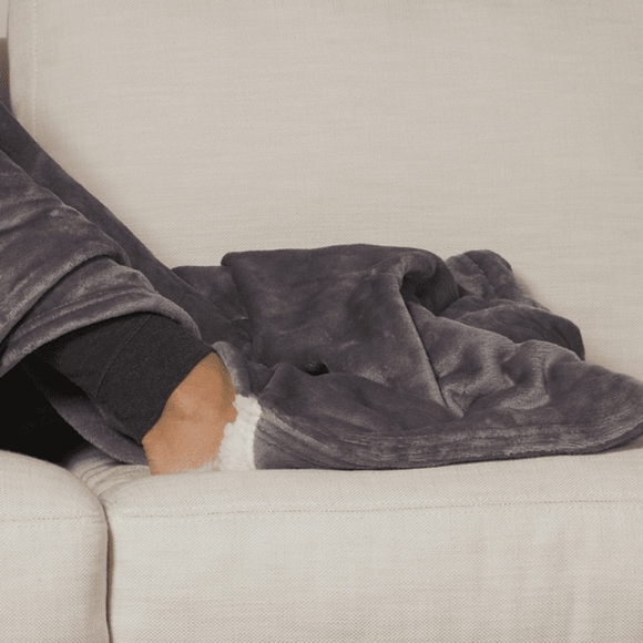 ClimateRight x Cuddl Duds Gray Velvet Plush Throw w Sherpa Foot Pocket - Picture 3 of 4